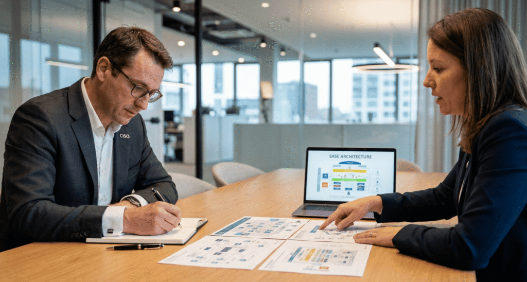 Check Point Harmony SASE vs Jimber : consolidation de l'entreprise ou adaptation au marché intermédiaire européen 2 A CISO and service partner consultant reviewing SASE architecture diagrams together at a meeting table in a modern office.
