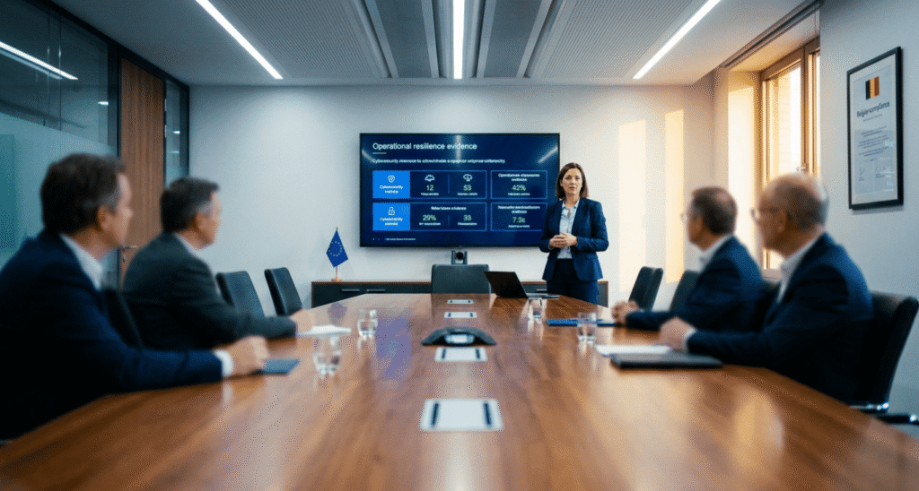 Résilience opérationnelle du DORA : rapports d'incidents, tests basés sur les menaces et ce que les auditeurs vérifient 3 Financial services CISO presenting DORA operational resilience report in a Brussels boardroom