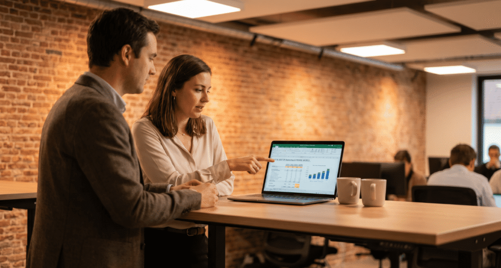 Prix FortiSASE : ce que les clients FortiGate paieront en 2026 8 Two IT professionals comparing SASE pricing models on a laptop at a standing meeting table