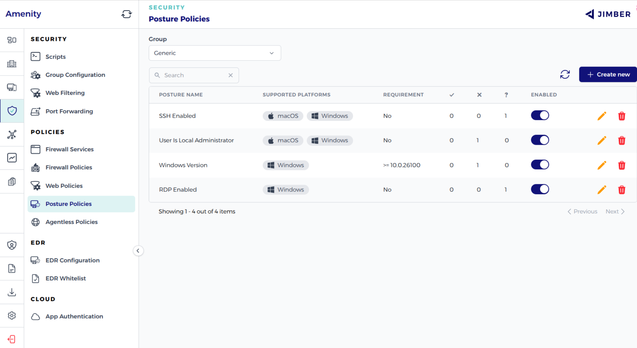 Jimber Posture Policies showing SSH, administrator, Windows version, and RDP checks with pass, fail, and unknown results