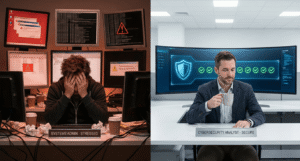 Split-screen comparison showing the chaos of managing multiple security tools versus the efficiency of the Jimber unified SASE platform
