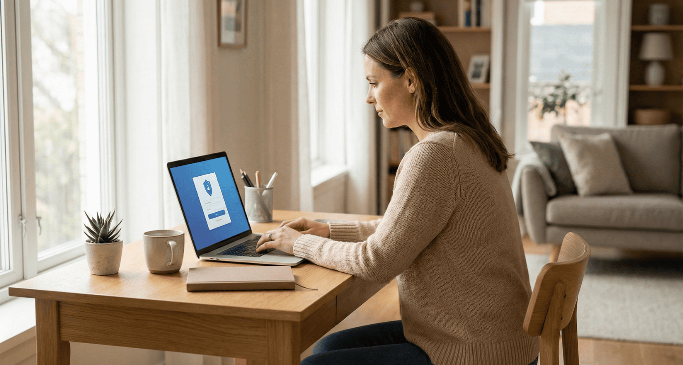 Professional working remotely from home office with secure Zero Trust Network Access on laptop, demonstrating seamless ZTNA authentication as modern VPN alternative