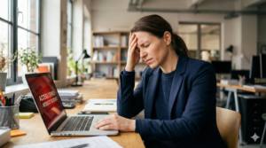 Office worker frustrated by web filter blocking access to website, a common problem solved by Remote Browser Isolation