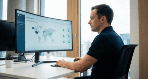IT security specialist in a modern office monitoring the Jimber FWaaS cloud security dashboard, featuring a global traffic map and firewall status indicators on a curved monitor.