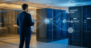 IT professional monitors the Jimber unified SASE dashboard in a server room, with AWS, Azure, and Google Cloud connections visualized on a glass display.