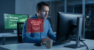 IT security analyst reviewing the Jimber SWG dashboard metrics and threat alerts in a security operations center.