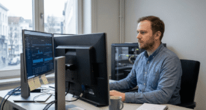 IT manager in a mid-sized office analyzing the Jimber SASE network dashboard on dual monitors.