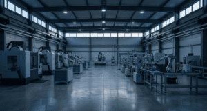 Empty factory floor with idle manufacturing machines, illustrating the high cost of unplanned downtime for mid-sized businesses – a scenario Jimber helps prevent.