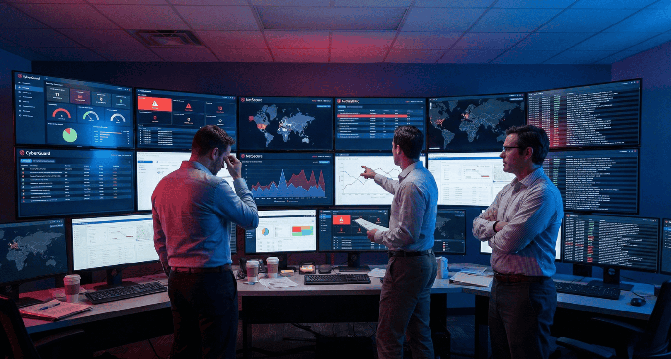 hree frustrated security analysts in a mid-market SOC facing a chaotic wall of disconnected dashboards, illustrating the 'Frankenstack' and security tool sprawl problem that Jimber's unified SASE platform addresses.