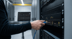 IT professional connecting network hardware, illustrating the infrastructure migration from legacy Fortinet SSL VPN to modern ZTNA architectures.