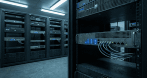 Aging network appliance in a server rack, symbolizing the vulnerability of legacy VPN infrastructure to ransomware attacks as detailed in the 2026 Benelux risk report.