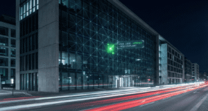 Modern office building with digital identity verification overlay, illustrating how Jimber Zero Trust eliminates RDP port 3389 risks through secure access controls.