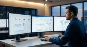 IT professional managing hybrid environments via a unified SASE dashboard, illustrating how Jimber simplifies security policies across AWS, Azure, and on-prem infrastructure.