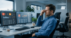 Security analyst suffering from alert fatigue due to WAF false positives, illustrating the operational burden of standalone security appliances.