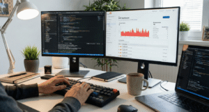IT professional monitoring web traffic on dual screens, displaying a modern WAF and API security dashboard that visualizes threats as described in the 2026 WAAP guide.