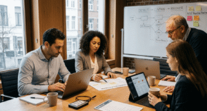 A dedicated security team reviews a printed incident response plan and whiteboard flowcharts in a modern office, illustrating the strategic ransomware prevention and NIS2 compliance measures needed for European organizations.