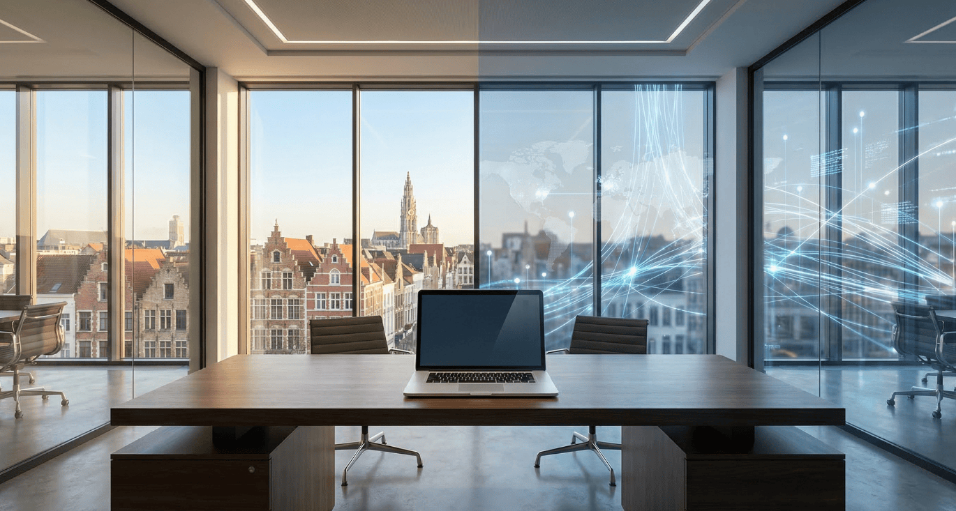 A silver laptop sits on a modern office desk before a split window view of a Belgian city skyline and a global digital network, illustrating the strategic choice between European data sovereignty and global connectivity in this Jimber vs Cato Networks SASE comparison.