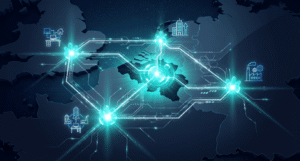European network map showing connected office, factory and remote locations routing through a central Belgian SASE hub.