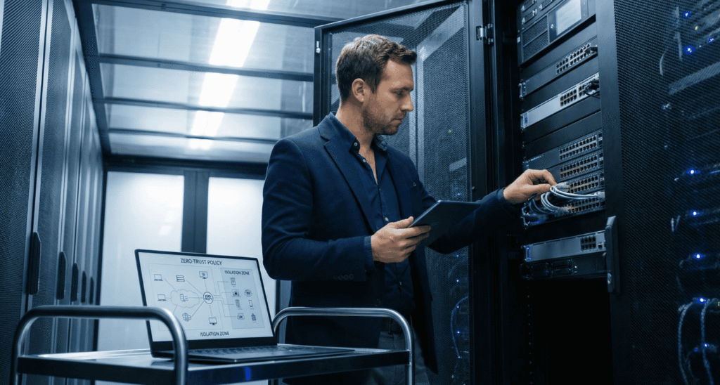 IT manager inspecting a managed network switch while reviewing network access policies on a laptop