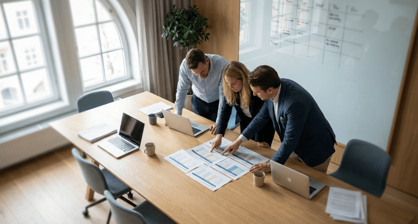 IT team evaluating SASE vendor comparison documents in a European office meeting room