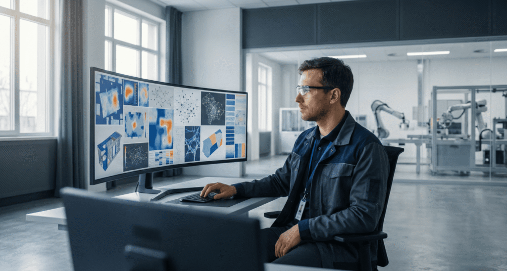 Quality engineer reviewing CRA compliance data in a modern European factory control room