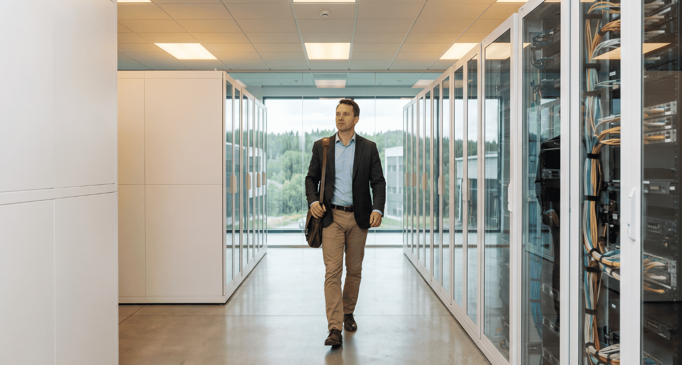 IT professional inspecting a European data centre for SASE data sovereignty