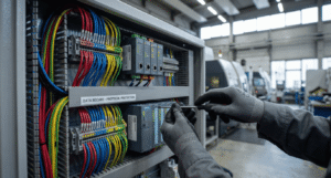 Technician inspecting PLC control panel with inline isolation hardware in European factory