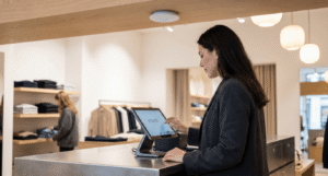 Store employee processing POS transaction in modern European retail environment