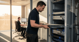 IT professional removing SonicWall firewall from server rack during SASE migration