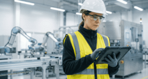 Industrial engineer using a tablet to manage network access on the factory floor