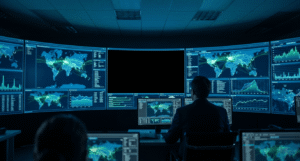 Security operations centre with one inactive monitor representing the network traffic blind spot from VPN split tunnelling