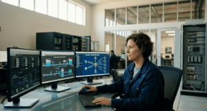 Water utility operator monitoring SCADA dashboards in a treatment plant control room.