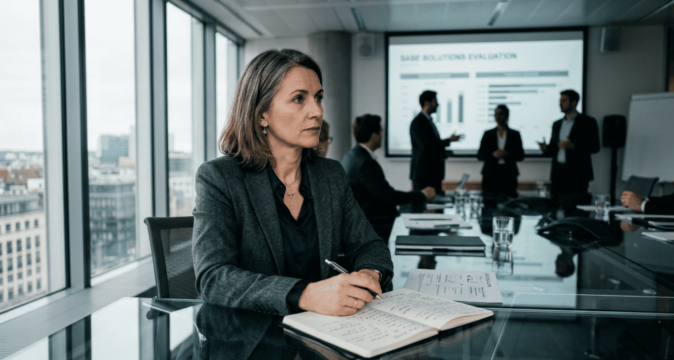 European CISO reviewing vendor notes during a SASE evaluation meeting in a modern office.