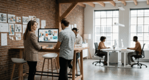 Art director and copywriter reviewing campaign mood boards in a modern European creative agency studio with team members at workstations in the background.