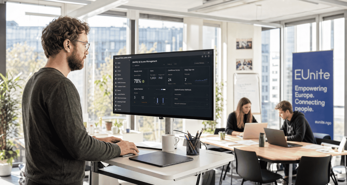 IT manager in a European NGO office managing volunteer laptop access from a cloud security console