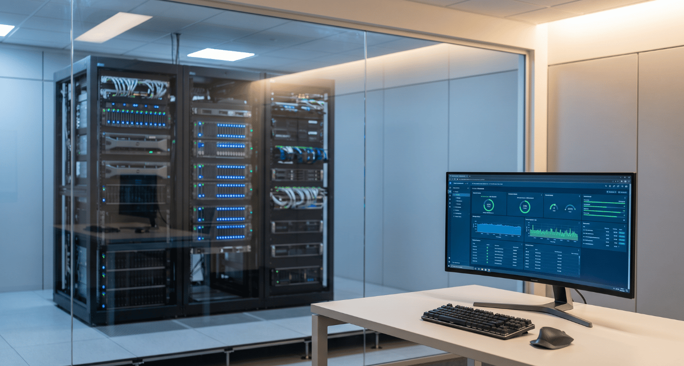 Admin workstation beside a glass-walled server room in a European office