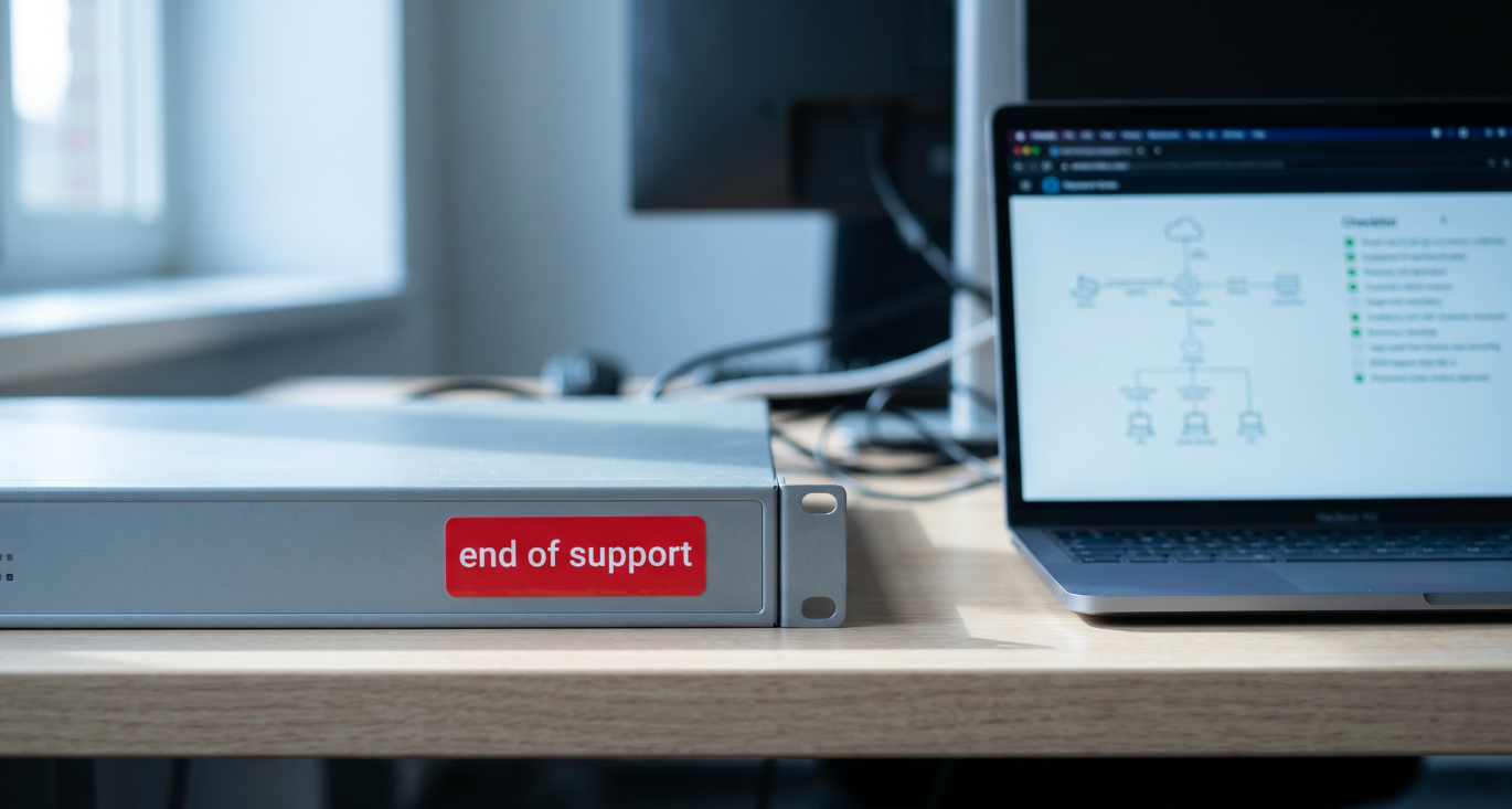 Decommissioned VPN appliance with end-of-support label next to a migration planning laptop