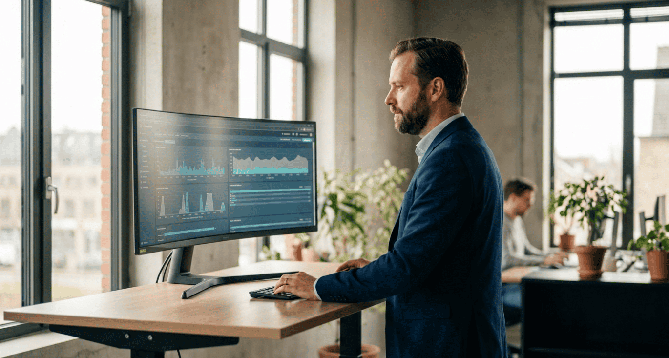 IT manager reviewing a security dashboard showing authentication activity in a modern office.