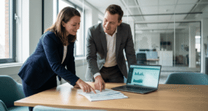 IT manager and CISO reviewing a SASE RFP checklist during a vendor evaluation meeting.