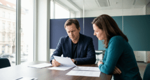 IT decision-makers reviewing a security vendor renewal contract in a European office.