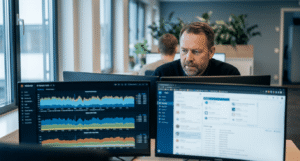 Een IT-manager die netwerkverkeer beoordeelt op twee schermen,