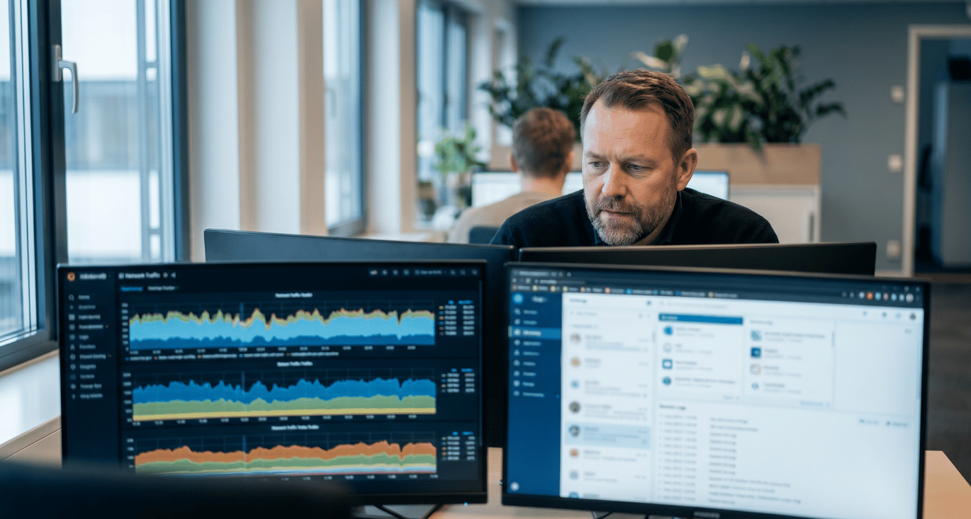 Een IT-manager die netwerkverkeer beoordeelt op twee schermen,