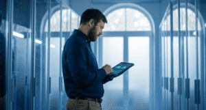 IT engineer reviewing network activity in a European server room.
