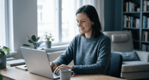 Remote worker on a personal laptop at a home desk