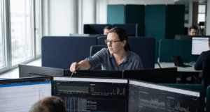 Security engineer reviewing network traffic dashboards to detect DNS tunnelling.