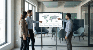 Small IT team of three reviewing a single SASE dashboard in a modern office.