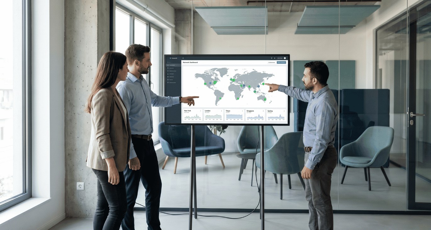 Small IT team of three reviewing a single SASE dashboard in a modern office.