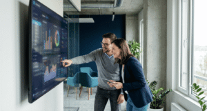 Two IT staff reviewing a single security management console in a mid-market office.