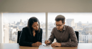 Managing director and IT manager reviewing a printed compliance checklist at a boardroom table in a Belgian office