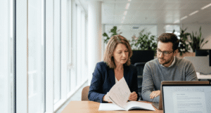 Compliance lead and IT manager mapping NIS2 security measures to SASE controls in a Belgian office